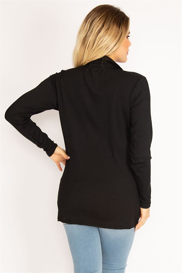 Kadın Siyah Ön Düğmeli Büzgü Detaylı Likralı Bluz 65N34856