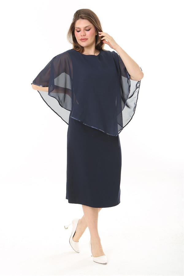 Kadın Büyük Beden Lacivert Şifon Pelerinli Elbise 65N37910