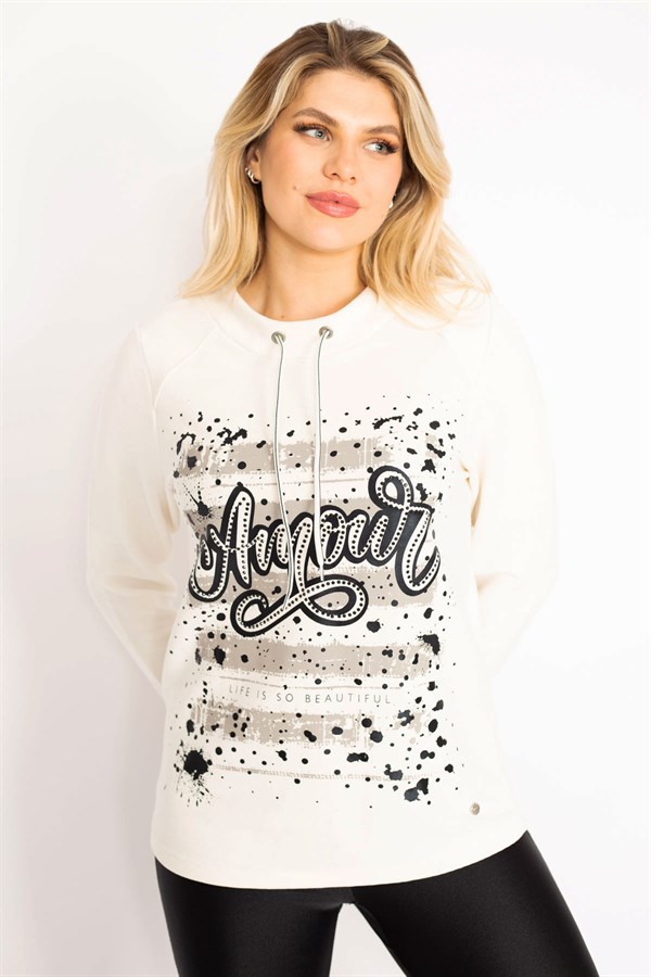 Kadın Kemik Yakası Kuşgözü Bağcıklı Taş Ve Baskı Detaylı Sweatshirt 65N34993