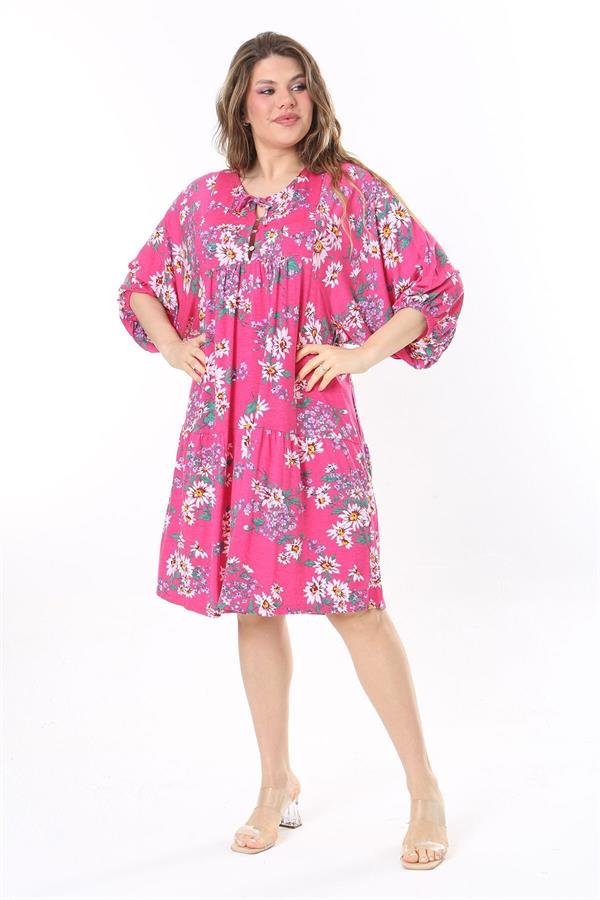 Kadın Büyük Beden Renkli Ön Pat Düğmeli Göğüs Büzgülü Yarasa Kollu Elbise 65N37959