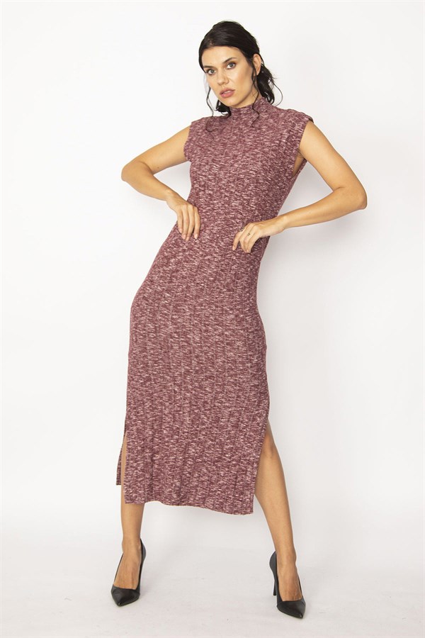 WOMEN'S MAROON BACK DETAILED SIDE SLITS SELF-STRIPED CREW-NECK DRESS