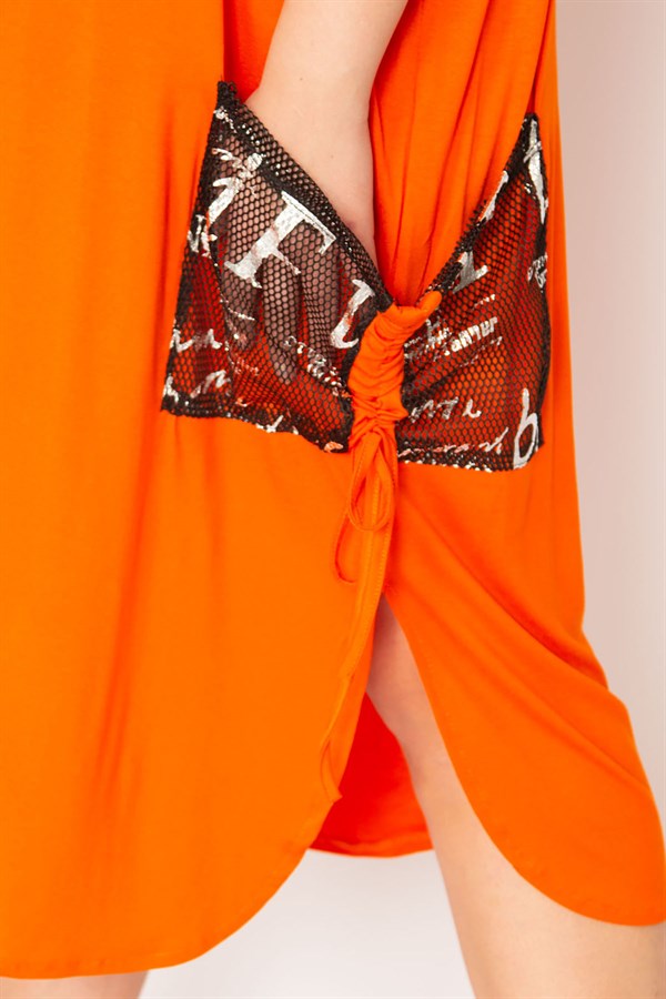 Kadın Kırmızı Cep Ve Kolu File Detaylı Taş Baskılı Viskon Elbise 65N33166