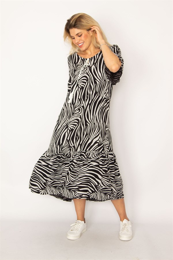 Kadın Siyah Dokuma Viskon Kumaş Etek Ucu Katlı Kolları Volanlı Uzun Elbise 65N34262