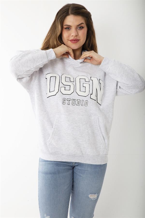 Kadın Büyük Beden Gri İçi Şardonlu Nakış Ve Kanguru Cep Detaylı Kapşonlu Sweatshirt 65N37206