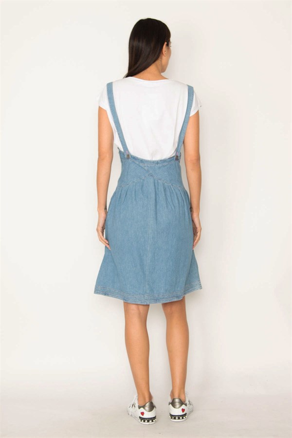 KADIN MAVİ ASKILI ANVELOP KOT ELBİSE