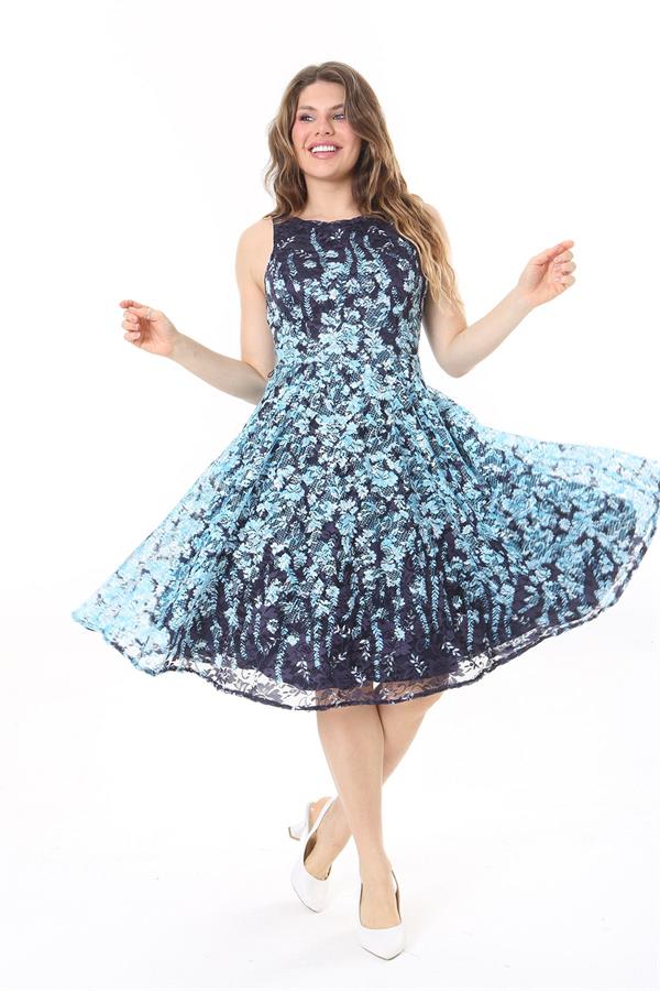 Kadın Büyük Beden Mavi Arka Fermuarlı Astarlı Dantel Elbise 65N37983