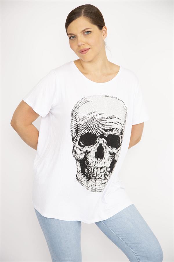 Kadın Büyük Beden Beyaz Taş İşli Bisiklet Yakalı Likralı Bluz