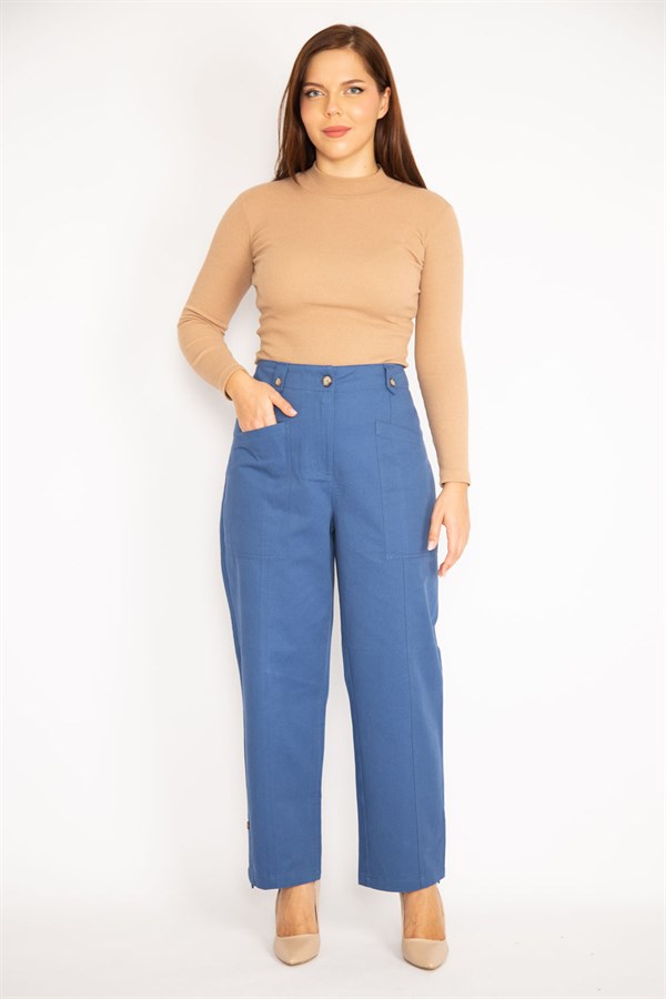 Kadın İndigo Ön Cepli Paçası Düğme İle Duble Paça Boy Ayarlı Gabardin Kumaş Pantolon 65N34888