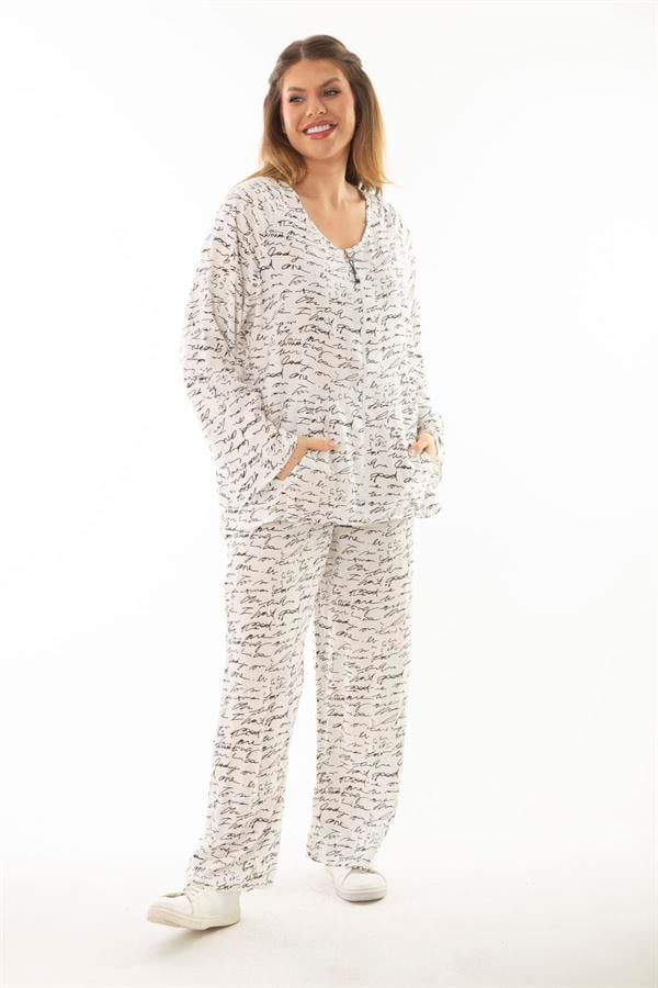 Kadın Büyük Beden Kemik Dokuma Viskon Kumaş Ön Fermuarlı Bluz Pantolon İkili Takım 65N37005