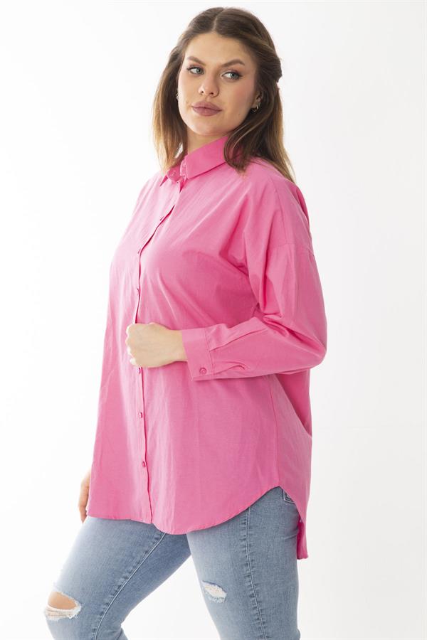 Kadın Büyük Beden Pembe Ön Düğmeli Uzun Kollu Gömlek 65N37046