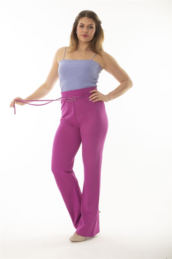 Kadın Büyük Beden Fujya Beli Lastik Ve Metal Tokalı Bağcık Detaylı Geniş Paça Pantolon 65N36998