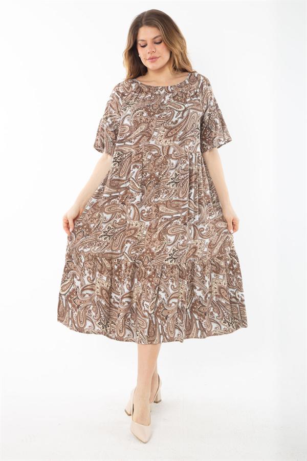 Kadın Büyük Beden Renkli Yaka Lastikli Dokuma Viskon Kumaş Katlı Elbise 65N37349