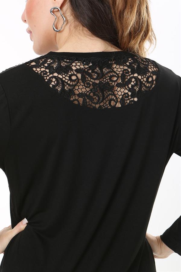 Kadın Büyük Beden Siyah Taş Ve Arka Robası Dantel Detaylı Uzun Kollu Bluz 65N37694