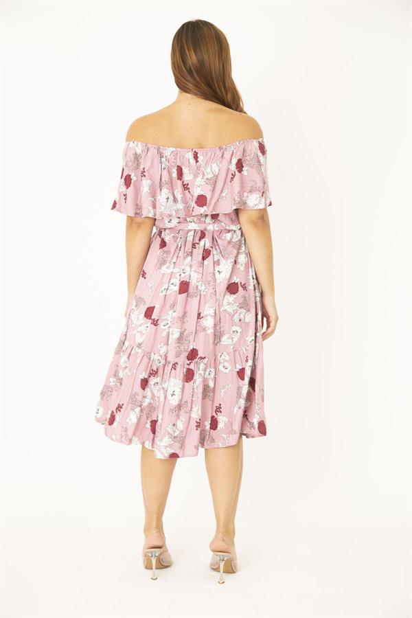 Kadın Büyük Beden Pembe Dokuma Viskon Kumaş Yakası Lastik Ve Volan Detaylı Elbise 65N36783