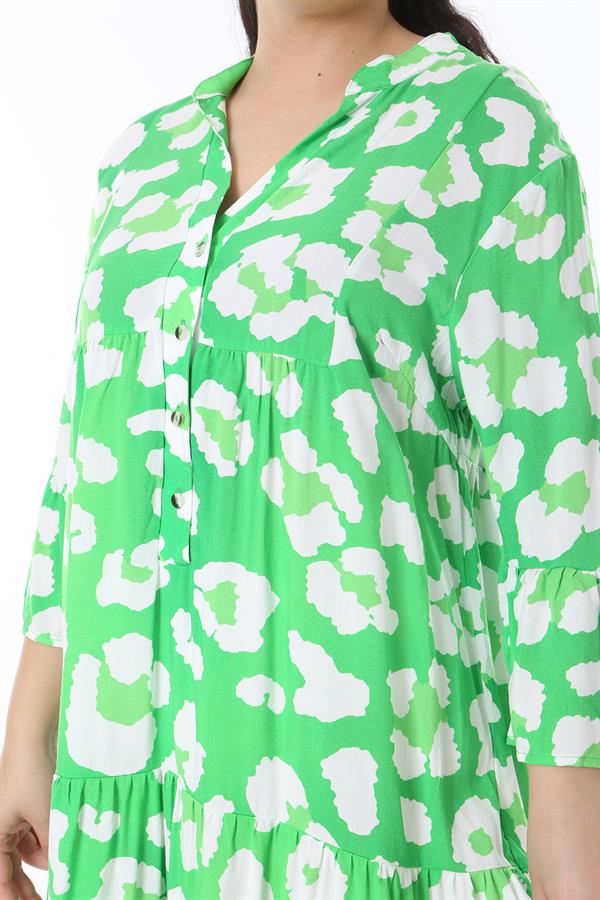 Kadın Büyük Beden Yeşil Ön Pat Düğmeli Katlı Elbise 65N38598