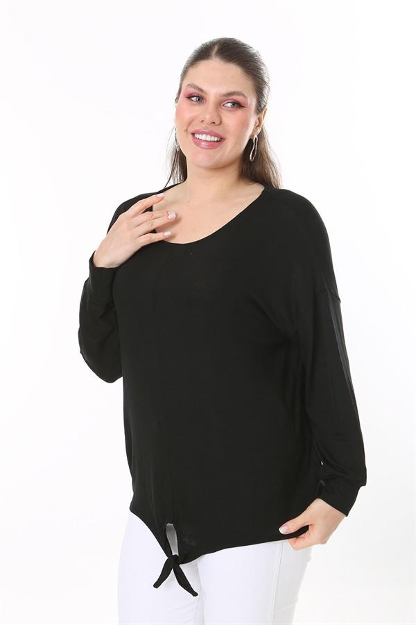 Kadın Büyük Beden Saks Önden Bağlamalı Uzun Kollu Bluz 65N37695