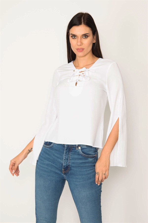 WOMEN'S WHITE COLLAR STRIPED BLOUSE WITH EYELET LACE DETAIL AND SLEEVE SLIT