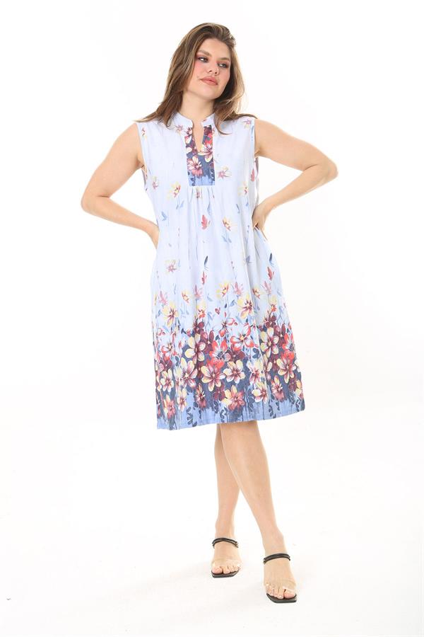 Kadın Büyük Beden Mavi V Yakalı Desenli Kolsuz Elbise 65N37873