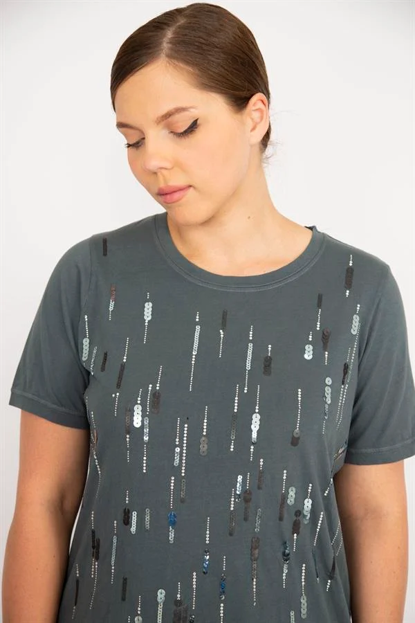 Kadın Büyük Beden Bebe Mavisi Payet Ve Taş İşli Bisiklet Yakalı Bluz