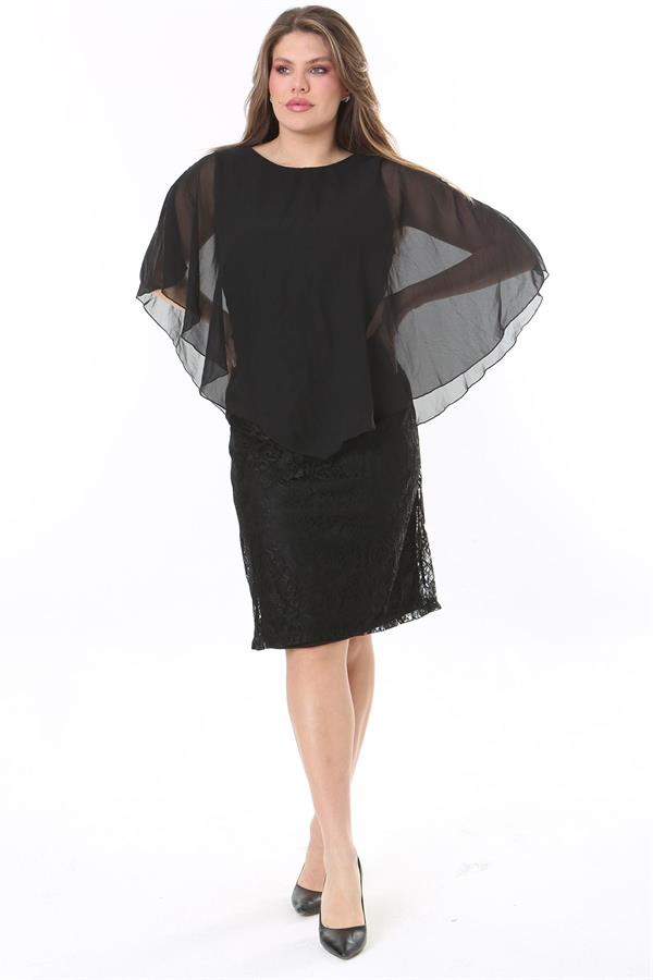 Kadın Büyük Beden Siyah Şifon Pelerinli Astarlı Dantel Elbise 65N37773
