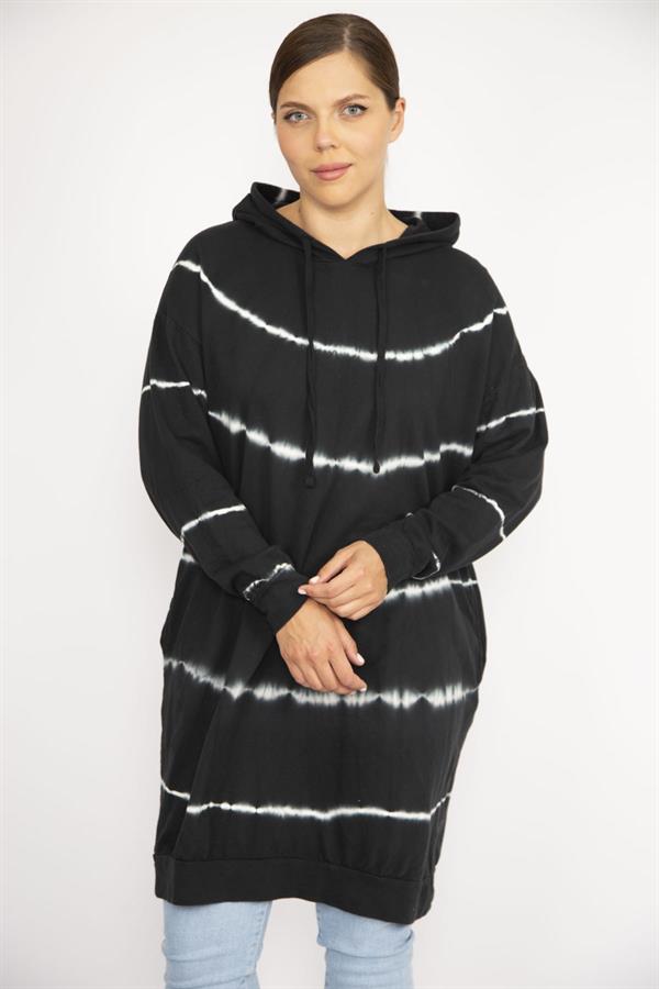 Kadın Büyük Beden Siyah Batik Desenli Kapşonlu Uzun Sweatshirt