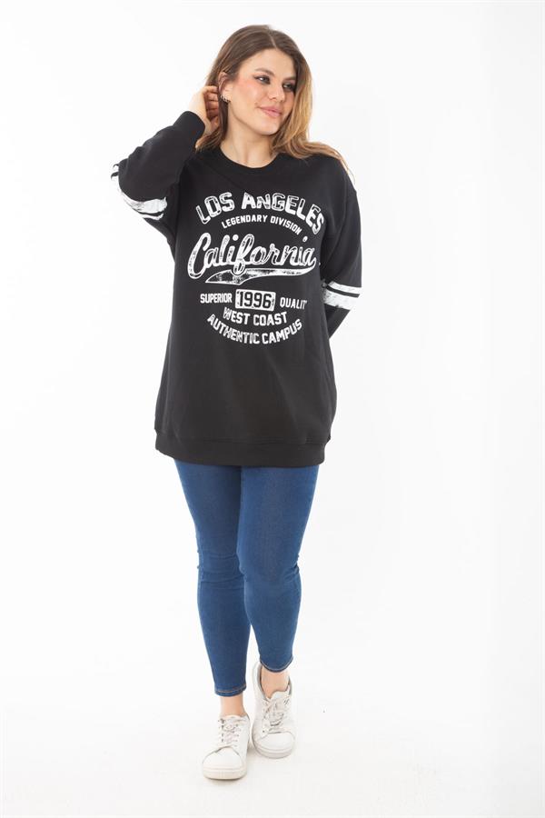 Kadın Büyük Beden Siyah İçi Şardonlu Üç İplik Sweatshirt 65N37295