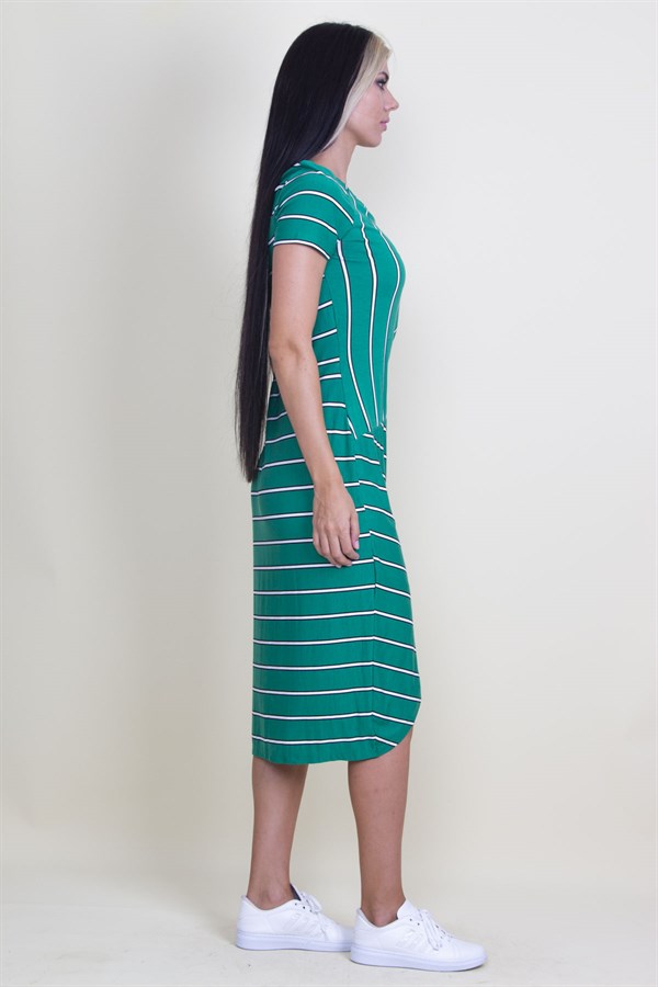 ÇİZGİ KOMBİNLİ BEL DETAYLI ETEK KISMI ANVELOP KESİM ELBİSE