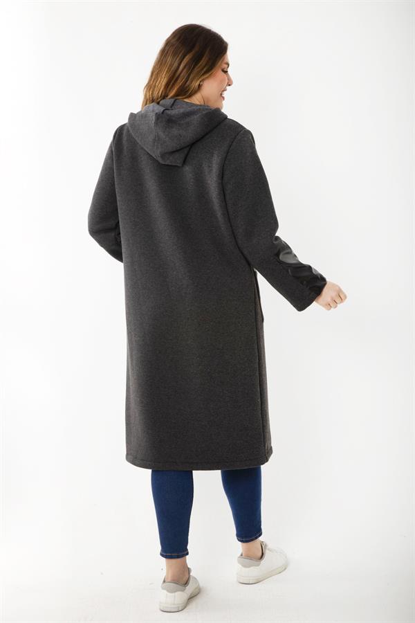 Kadın Büyük Beden Füme Ön Fermuarlı Kapşonlu Astarsız Suni Deri Garnili Kaban 65N37179