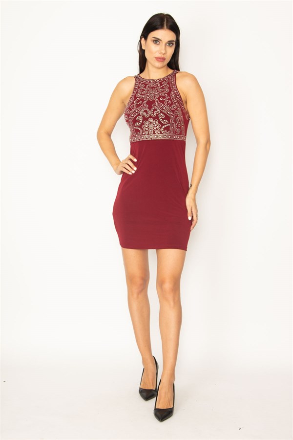 KADIN BORDO TAŞ DETAYLI HALTER YAKA ABİYE ELBİSE