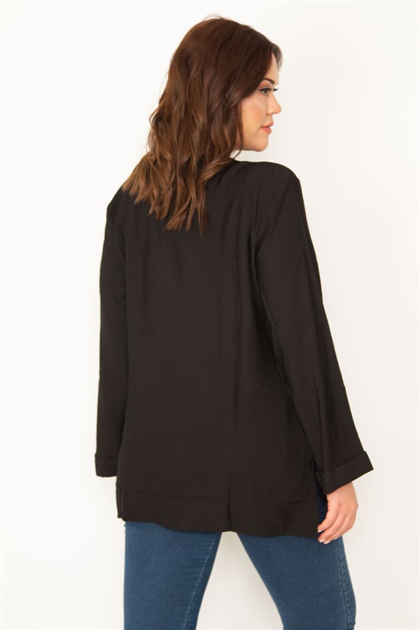 KADIN SİYAH NAKIŞ DETAYLI YAKA BAĞCIKLI BLUZ