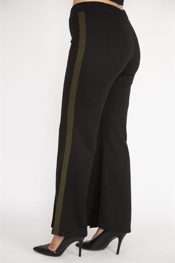 Kadın Siyah Büyük Beden Yırtmaç Detaylı Geniş Paçalı Yan Şeritli Eşofman Alt