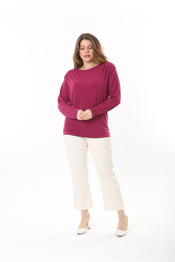 Kadın Büyük Beden Fujya Omuzları Pile Ve Vatka Detaylı Uzun Kollu Bluz 65N37503