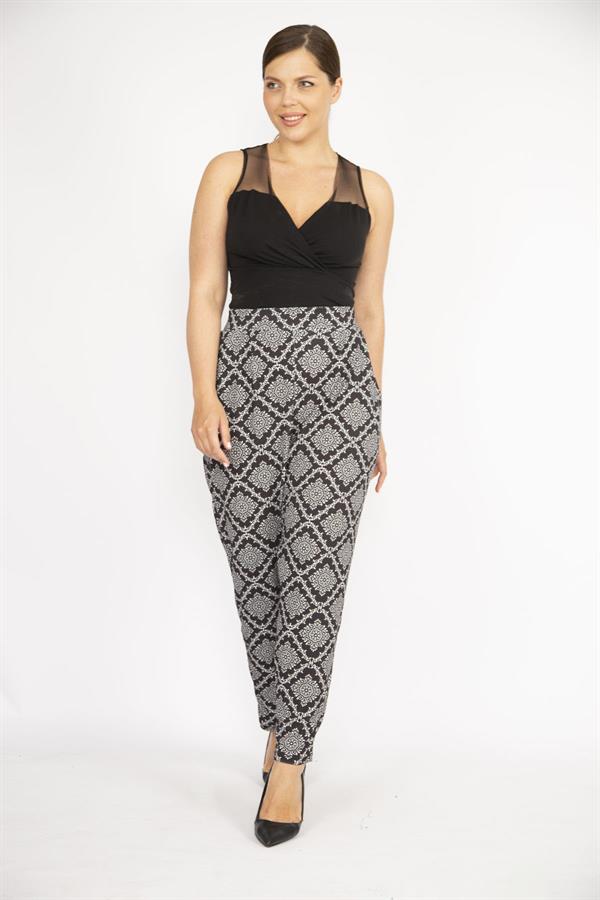 Kadın Büyük Beden Siyah Beli Lastikli Yan Cepli Desenli Pantolon 65N37242