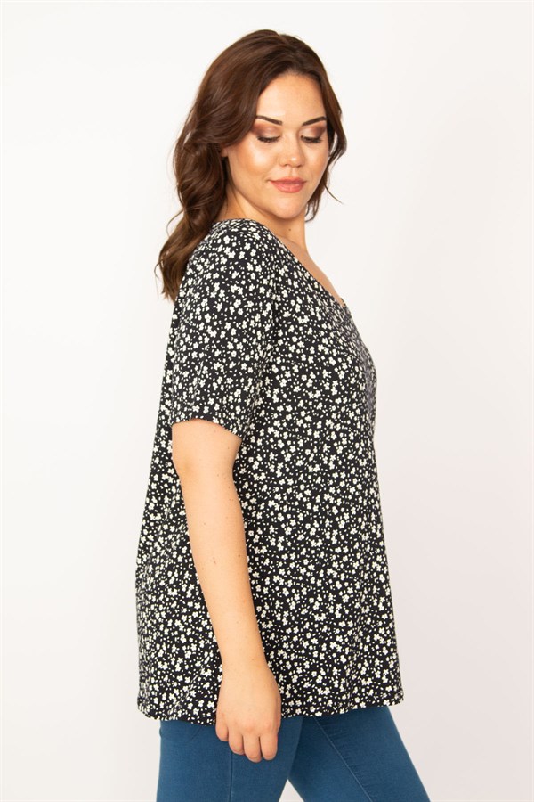 Kadın Siyah V Yakalı Çiçek Desenli Bluz 65N33538