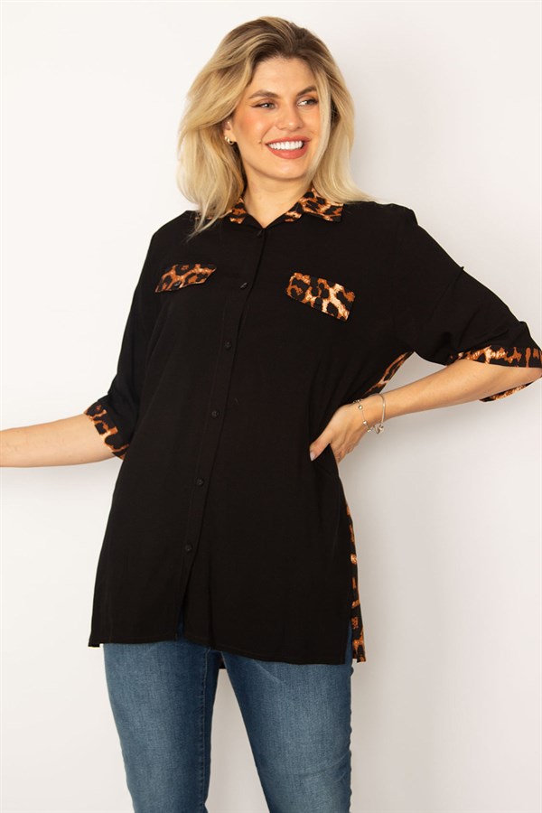 Kadın Siyah Loopar Garnili Dokuma Viskon Kumaş Gömlek 65N34279