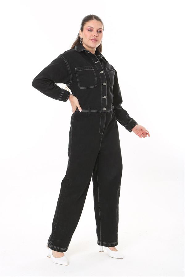 Kadın Büyük Beden Siyah Kontrast Dikişli Metal Düğmeli Kot Tulum 65N37723