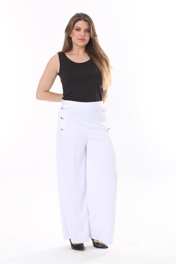 Kadın Büyük Beden Beyaz Süs Metal Düğmeli Cepsiz Pantolon 65N37817