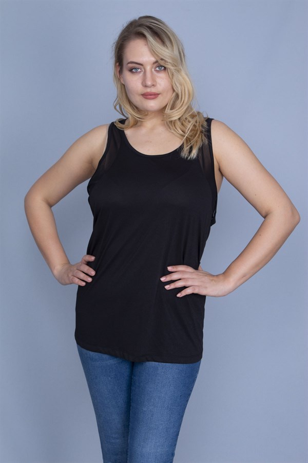 Kadın Siyah Kol Evi Tül Detaylı Spor Bluz 65N25824