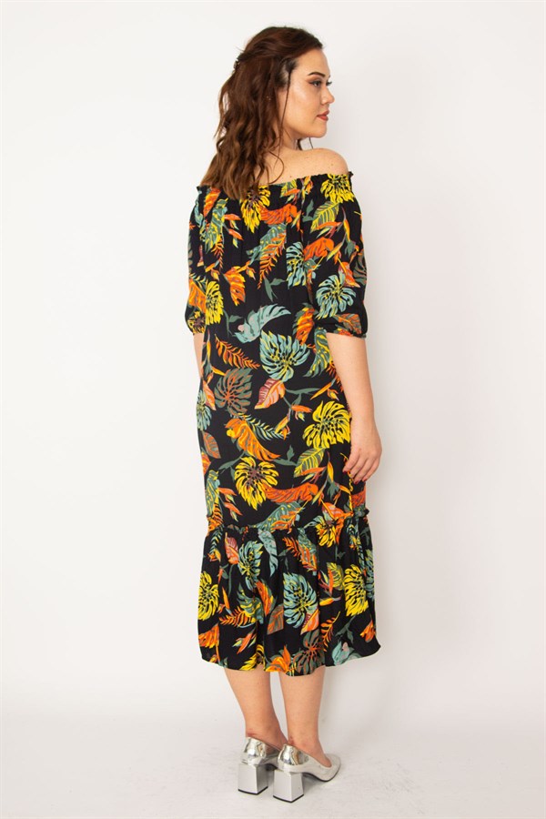 Kadın Renkli Yaka Lastikli Etek Ucu Katlı Dokuma Viskon Kumaş Elbise 65N33188