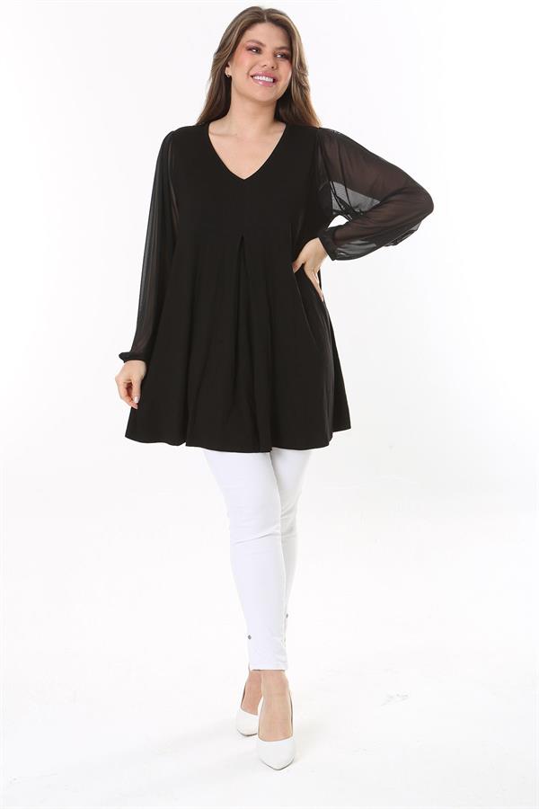 Kadın Büyük Beden Siyah Kolları Tül Önü A Pileli Tunik 65N37784