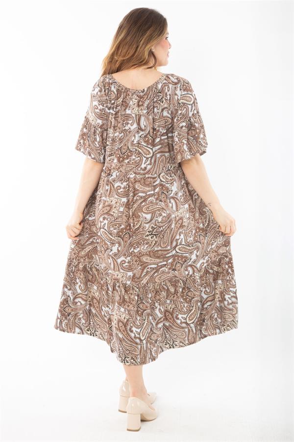 Kadın Büyük Beden Renkli Yaka Lastikli Dokuma Viskon Kumaş Katlı Elbise 65N37349