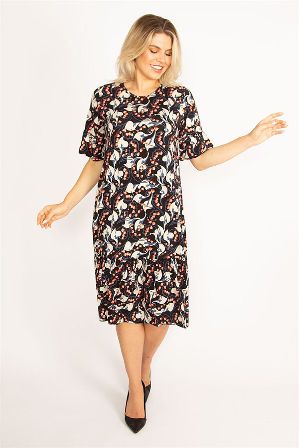 Kadın Renkli Volan Kollu Etek Ucu Katlı Elbise 65N34446