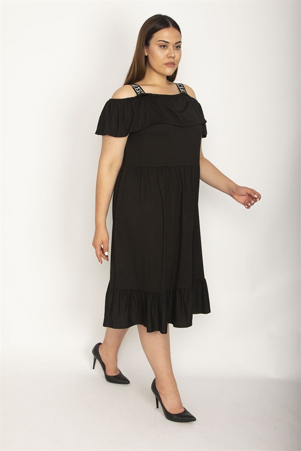Kadın Siyah Karmen Yaka Eteği Volanlı Askılı Elbise 65N26476