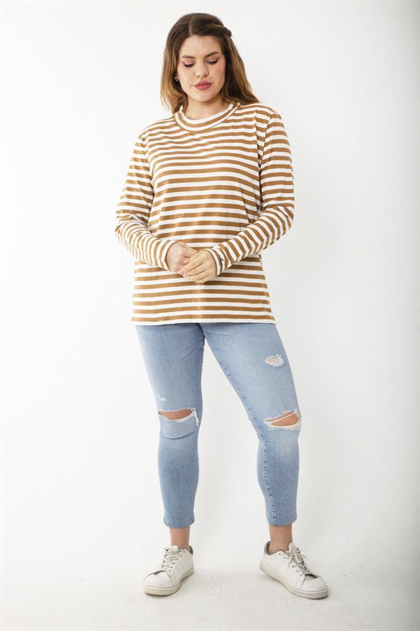 Kadın Büyük Beden Sütlükahve Uzun Kollu Çizgili Bluz 65N37217