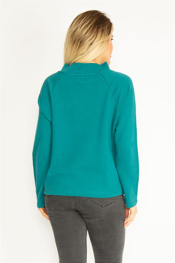 Kadın Yeşil Büyük Beden Reglan Kol Etek Ucu Kuşgözü Bağcıklı Sweatshirt 65N35790