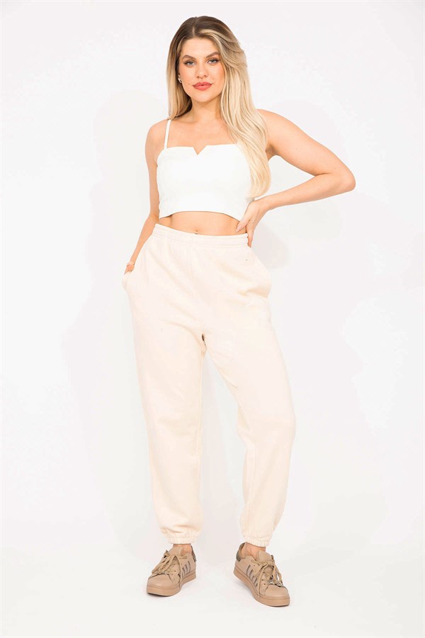 Kadın Bej 3 İplik Polar Kumaş İçi Şardonlu Eşofman Alt 65N35293