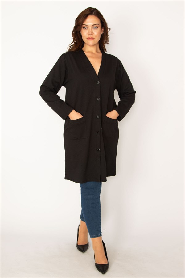 Kadın Siyah Ön Düğmeli Astarsız Cepli Ceket 65N34077