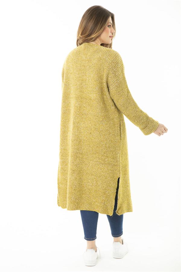 Kadın Büyük Beden Safran Yırtmaçlı Kalın Triko Uzun Hırka 65N37142