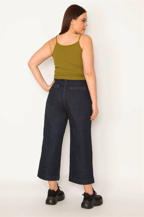 KADIN LACİVERT KLASİK KESİM YAN CEPLİ GENEİŞ PAÇALI BİLEK BOY KOT PANTOLON