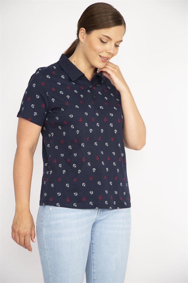 Kadın Lacivert Büyük Beden Pamuk Kumaş Marin Desen Polo Yakalı Kısa Kollu Bluz